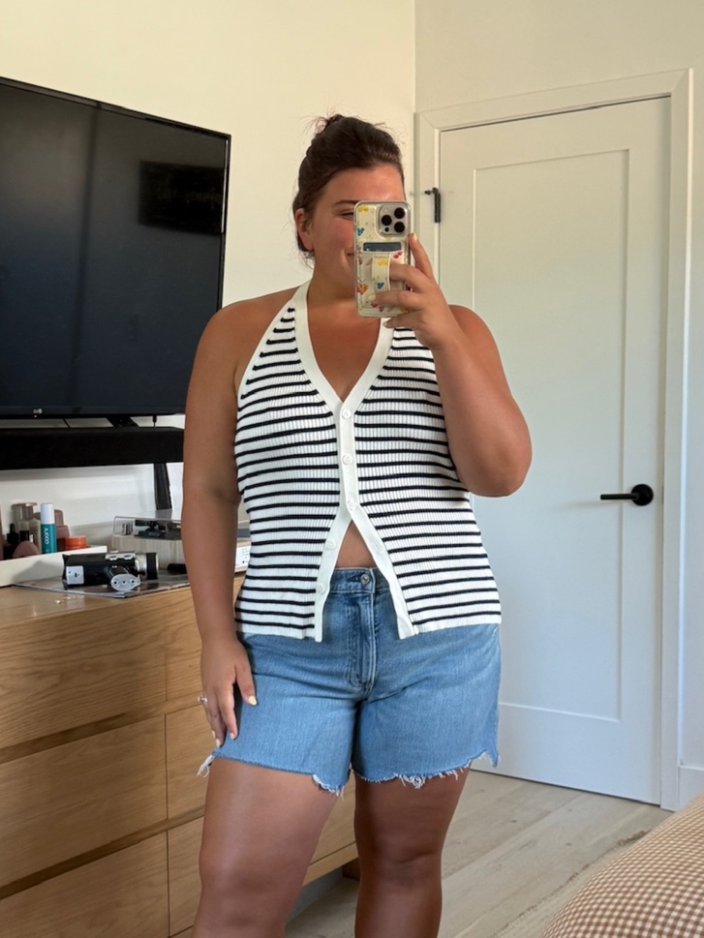 Abercrombie & Fitch White and Navy Striped Halter Button-Down Top